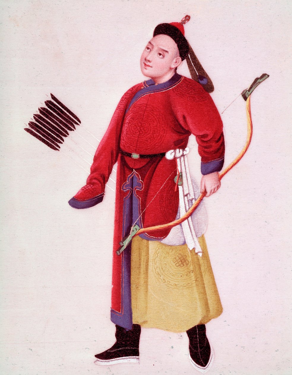 Kombinezon myśliwski japońskiego cesarza. Jest uzbrojony w łuk i strzały. Akwarela XVIII-wiecznej Wenecji, Biblioteca Marciana autorstwa Unknown artist