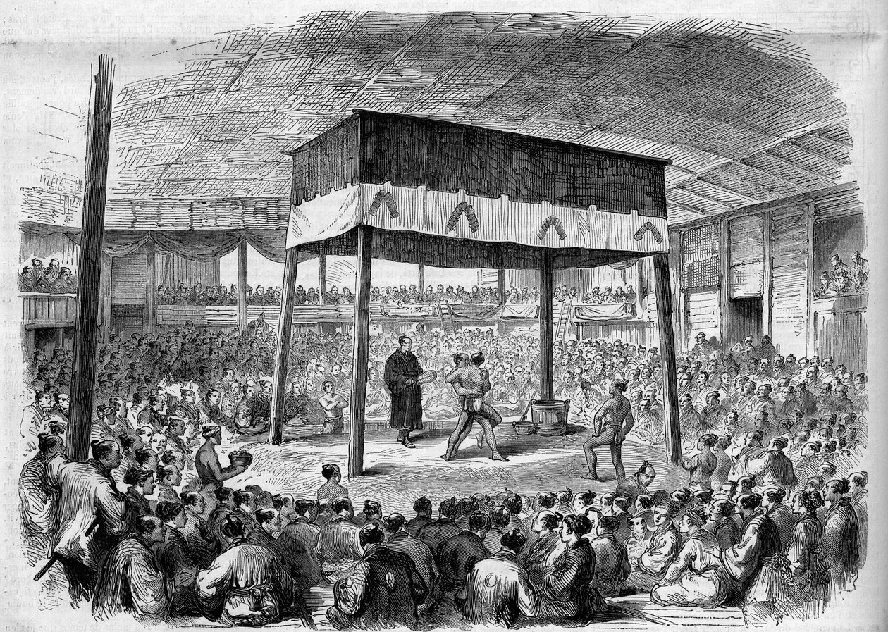 Japoński zapaśnik walczy Sumo w Osace w Japonii. Z rysunku C. Wirgmana. Grawerowanie w „”Wspaniałym wszechświecie”” autorstwa Unknown artist