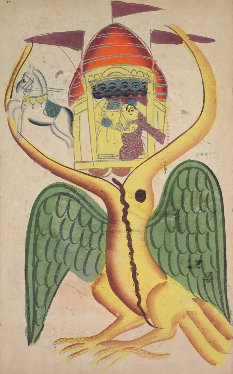 Jatayu utrudnia rydwan Ravany, próbując zapobiec porwaniu Sity (odbytnicy) autorstwa Unknown artist
