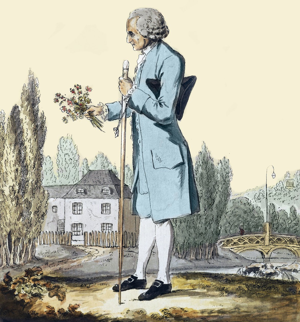 Jean-Jacques Rousseau (1712-78) Zbieranie ziół w Ermenonville, czerwiec 1778 - Reprezentacja filozofa Jeana Jacquesa Rousseau (1712-1778) zbierającego kwiaty w Ermenonville. autorstwa Unknown artist