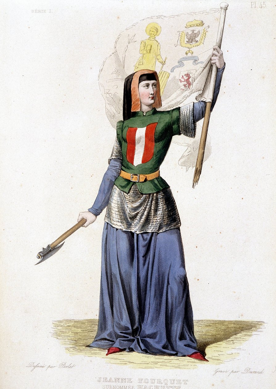 Jeanne Laisné, znana jako Jeanne Fourquet, nazywana Jeanne Hachette francuską bohaterką (od 1456 do?). grawerunek z 1835 r autorstwa Unknown artist