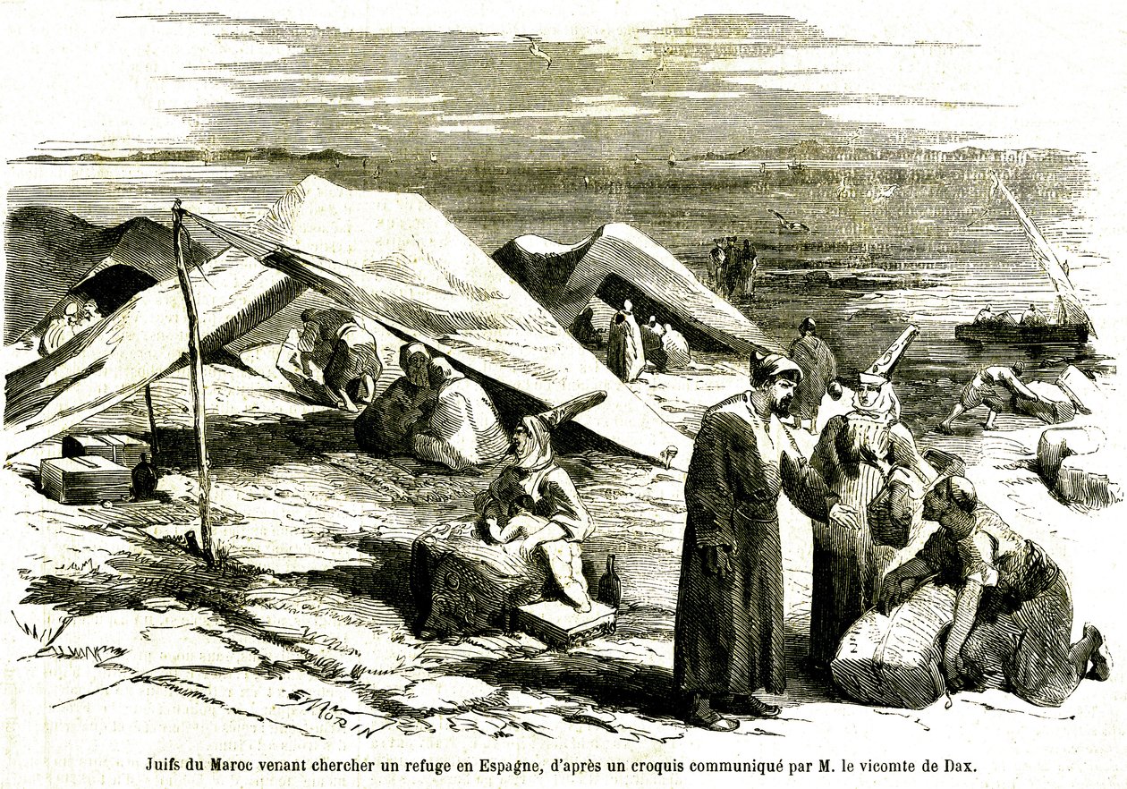Żydzi z Maroka szukający schronienia w Algesiras w Hiszpanii w połowie XIX wieku (rycina) autorstwa Unknown artist