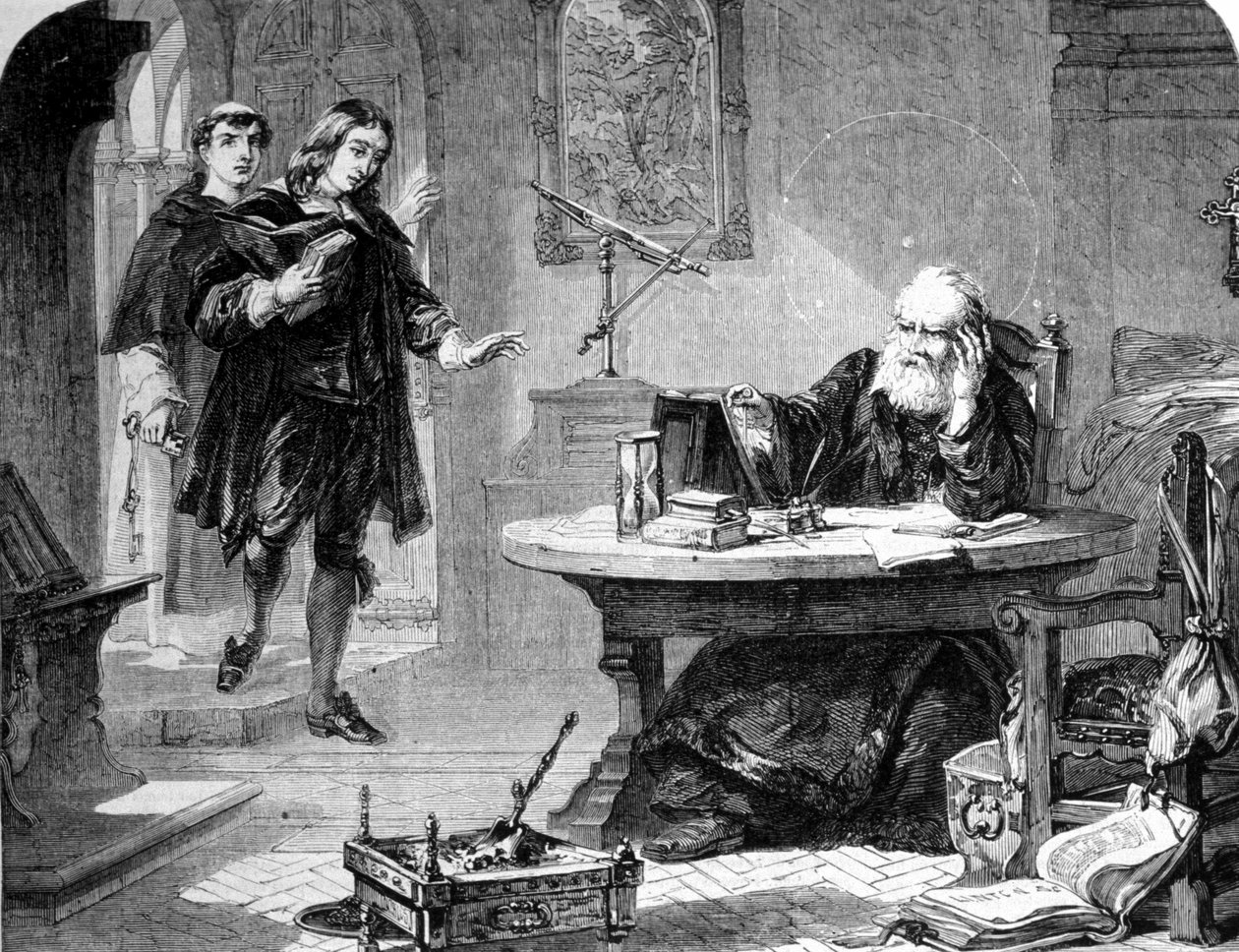 John Milton, angielski poeta i eseista (1608-1674) odwiedził Galileo Galilei (Galileo) (1564-1642) w swojej celi inkwizycji florenckiej. Rytownictwo. 1860 ok. autorstwa Unknown artist
