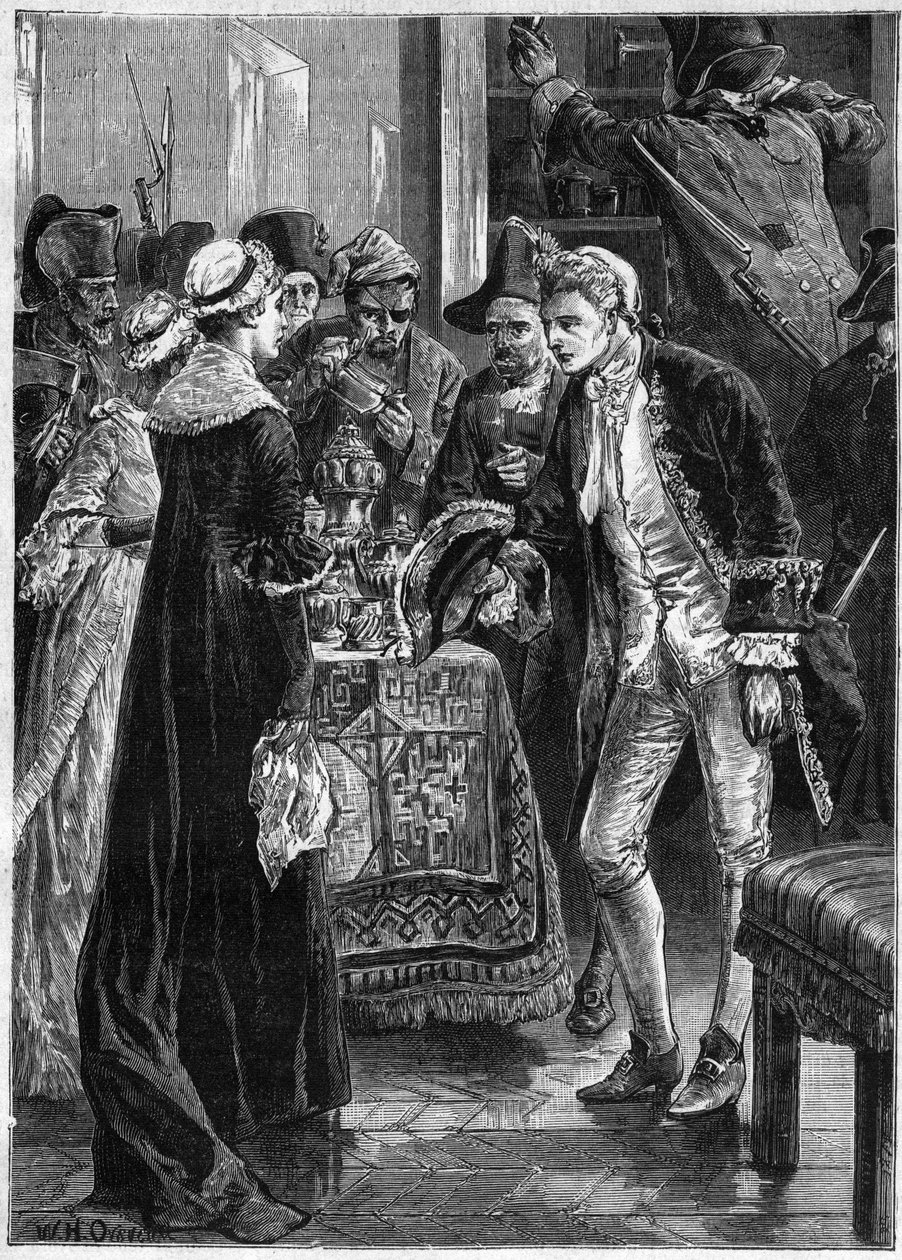 John Paul Jones odwiedza Lady Selkirk po tym, jak jego ludzie zabrali jej kosztowności - Amerykańska marynarka wojenna: John Paul Jones (1747-1792) bohaterowie amerykańskiej wojny o niepodległość i załoga Rangera najechała zamek hrabiego Selkirk w Stanach  autorstwa Unknown artist