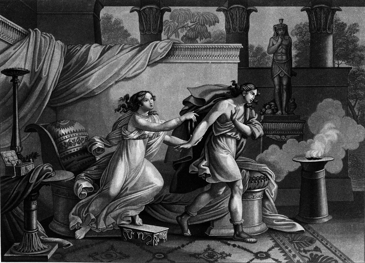Józef ucieka od żony Putifara (Potyfara), chcąc uwieść XIX-wieczną litografię autorstwa Unknown artist