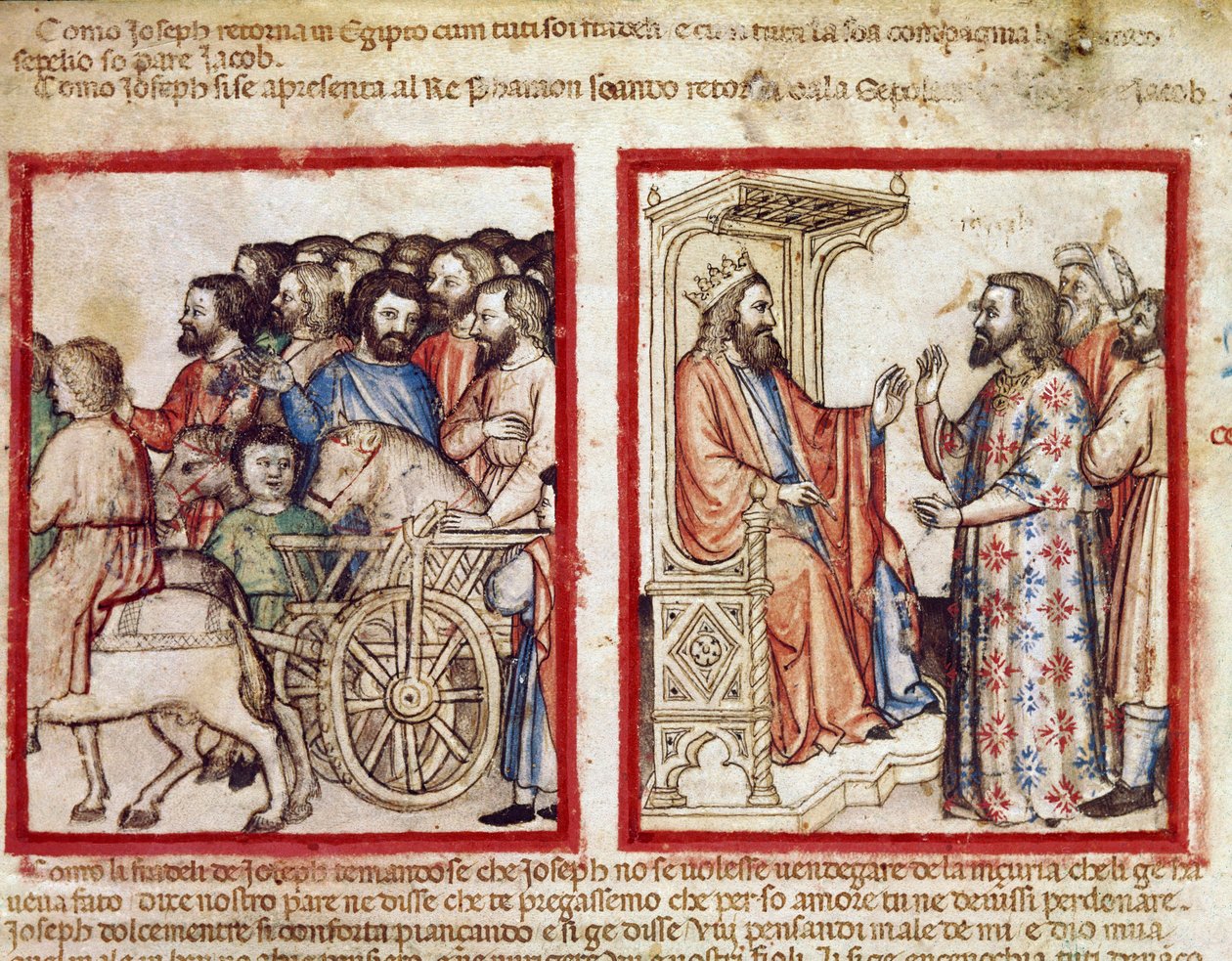 Józef po lewej stronie na pogrzeb ojca, podąża za miniaturą faraona z kodeksu 212 (albo kodeksu padovano lub Biblii z Padwy) 1390-1400 Rovigo, Accademia dei Concordi autorstwa Unknown artist
