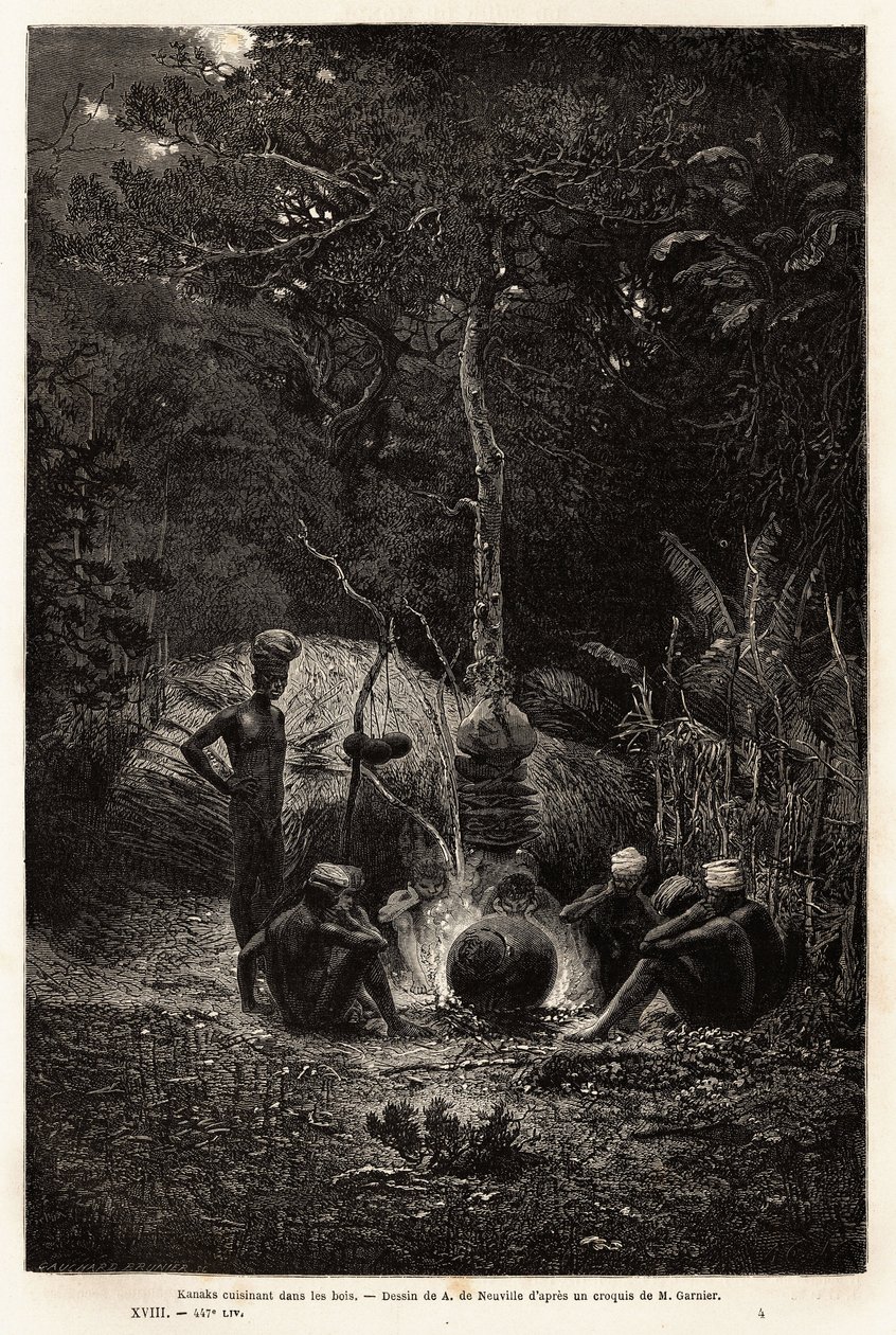 Kanaki gotują się w lesie na terenie Pamale. Grawer ilustrujący podróż do Nowej Kaledonii, autorstwa Julesa Garniera, inżyniera górniczego, w latach 1863-1866, opublikowany w „Le tour du monde, nouveau journal des voyages”, pod redakcją Edouarda C. autorstwa Unknown artist