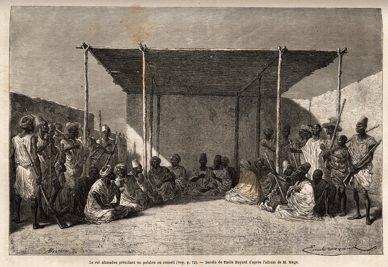 Król Ahmadou przewodniczący rady lub palabre imperium Toucouleur w Segou Sikoro (Mali), mędrcy siedzą, a wojownicy ustawiają się, król trzyma w rękach muzułmański różaniec. Grawerowanie ilustrujące podróż do Sudanu Zachodniego porucznika (marynarki) M autorstwa Unknown artist