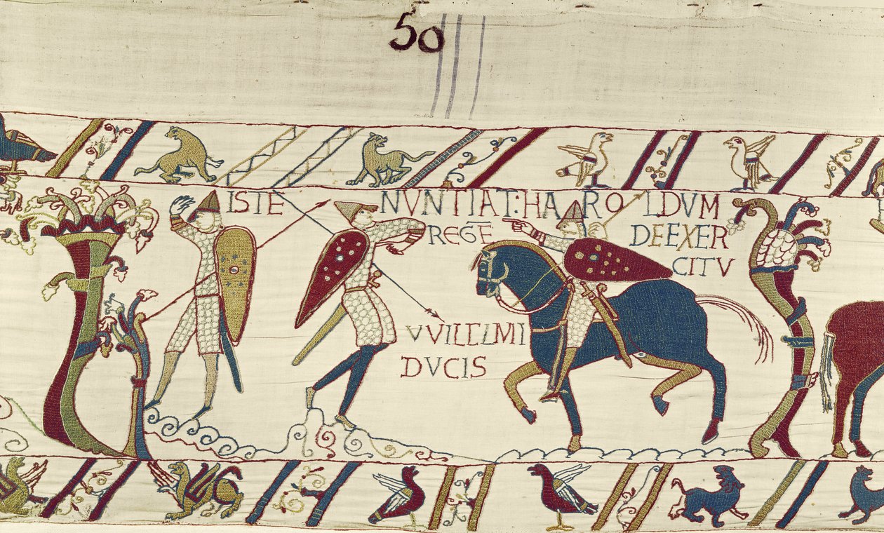 Posłaniec króla Harolda przekazuje mu wiadomość o armii księcia Wilhelma, Gobelin z Bayeux (haft z wełny na płótnie) autorstwa Unknown artist
