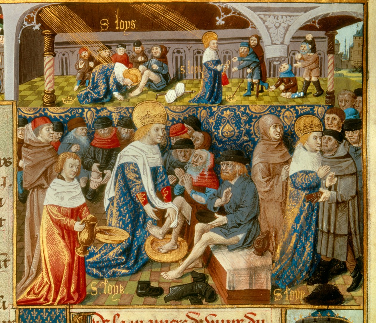 Król Ludwik IX (1214-1270) (Saint Louis) myjący stopy ubogim i sceny chrześcijańskiej dobroczynności z Miniatury Króla zaczerpniętej z rękopisu „Księga faktów prałata św. Ludwika””” XV wiek. Paryż, B.N autorstwa Unknown artist