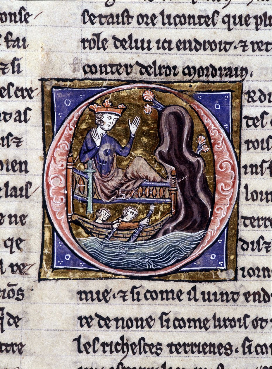 Król Modreius. Rękopis: Conquest of the Saint Gréal, napisany 717 lat po męce naszego Pana. Bibliotheque Municipale de Rennes, ms. 255 (Zbiór powieści Okrągłego Stołu); Paryż autorstwa Unknown artist