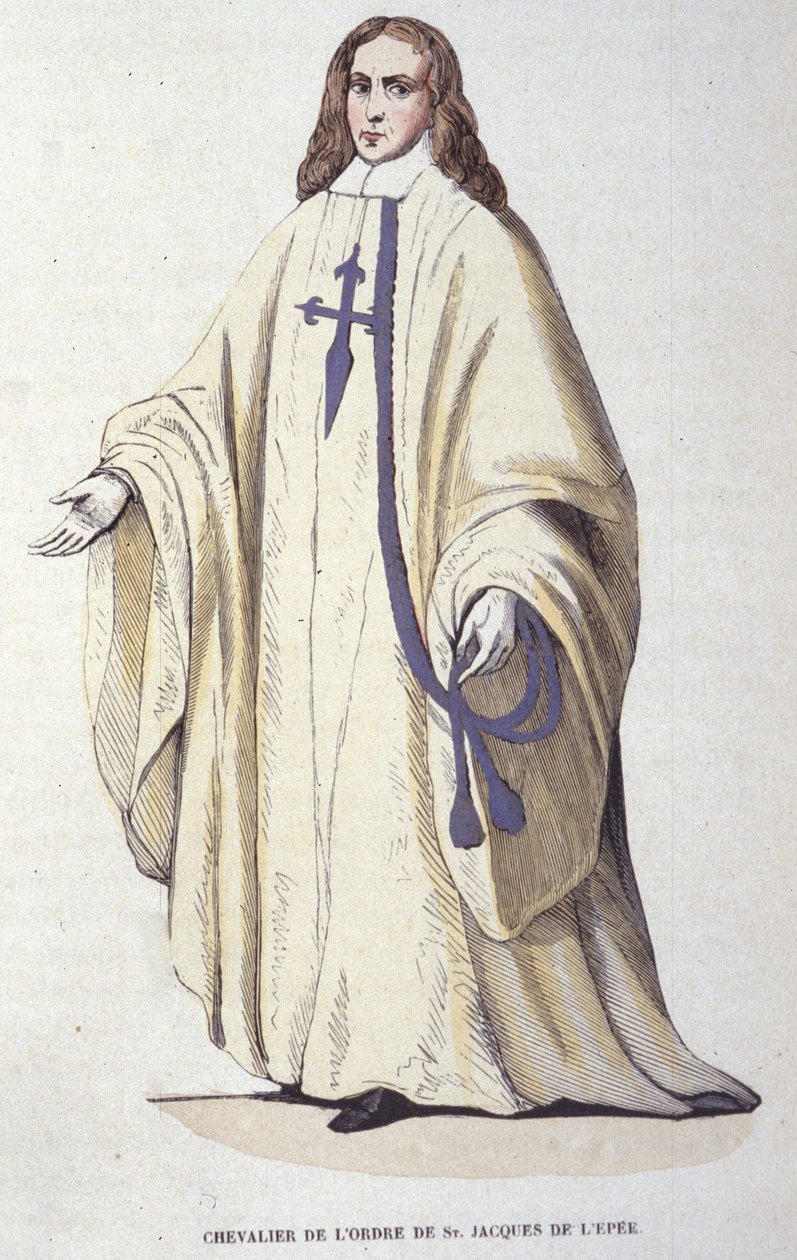 Kawaler Orderu Świętego Jakuba od Miecza, zakonu rycerskiego założonego w Hiszpanii w 1170 r. Rycina z XIX wieku. autorstwa Unknown artist