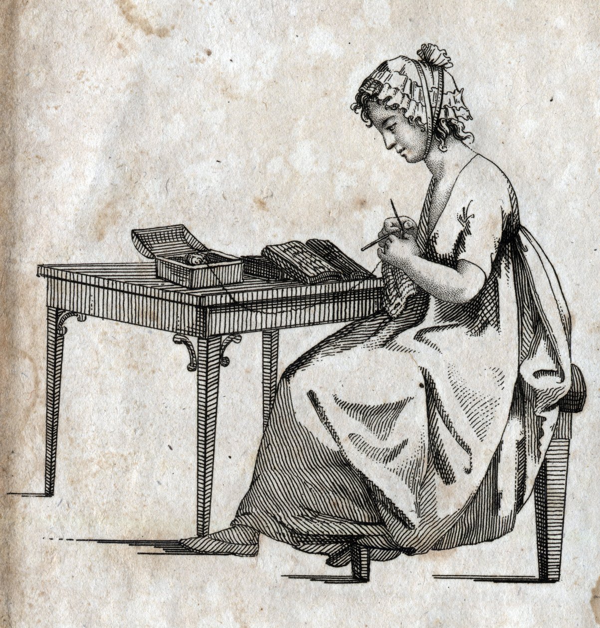 Maszyna dziewiarska: kobieta zajęta robieniem na drutach wełny (szynie) Grawerowanie pod koniec XVIII wieku. Prywatna kolekcja. autorstwa Unknown artist