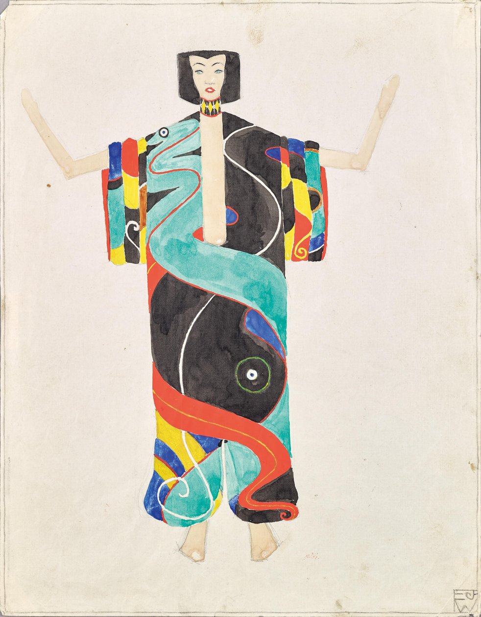 Studium kostiumu w kimonie do spodni do przedstawienia "Der Mantel der Liebe" Juliusa Bittnera w teatrze ogrodowym Międzynarodowej Wystawy Sztuki, Wiedeń 1909 r. autorstwa Unknown artist
