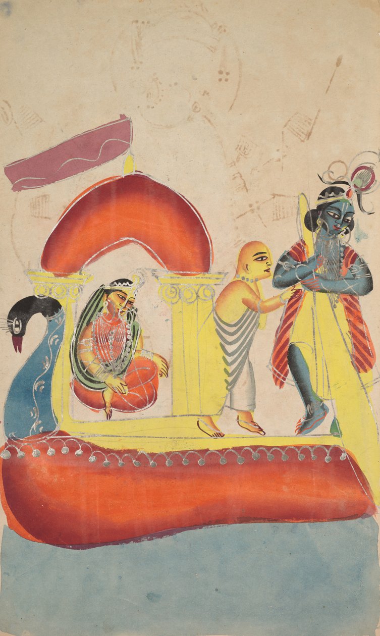 Krishna promujący Radhę przez rzekę Yamuna (rekto) autorstwa Unknown artist