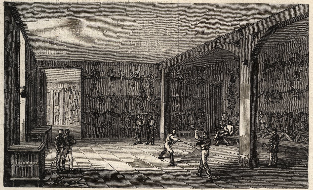 Ecole Polytechnique w Paryżu w 1873 r. - Sala szermierki - Grawer z 1873 r. w „Le monde illustrious” autorstwa Unknown artist