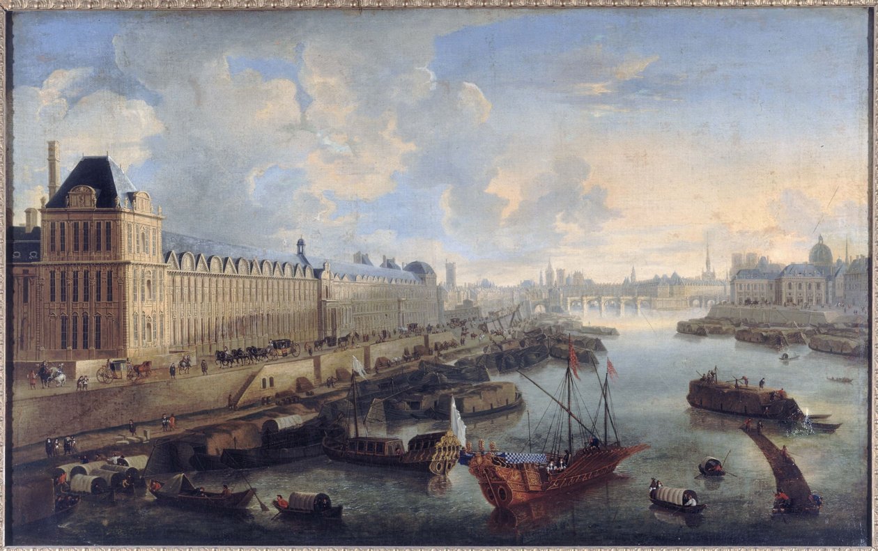 La Grande Galerie du Louvre, le Pont-Neuf, la Cité, le collège des Quatres-Nations, ok. 1670, nad Sekwaną królewska galera, dzisiejsze 1. i 6. dzielnica, między 1670 a 1685 (olej na płótnie) autorstwa Unknown artist