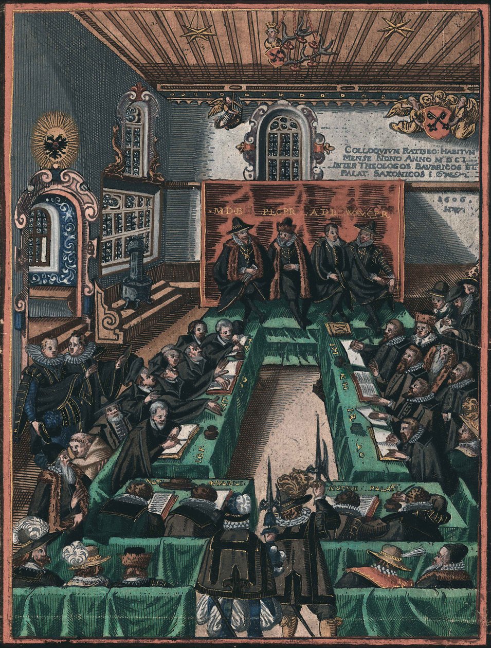 La Conference religieuse de Ratisbonne en 1601 - Kolokwium religijne w Ratyzbonie z 1601 r. Anonim. Miedzioryt, akwarela, ok. 1900 r. 1605. Historisches Museum der Stadt Regensburg autorstwa Unknown artist