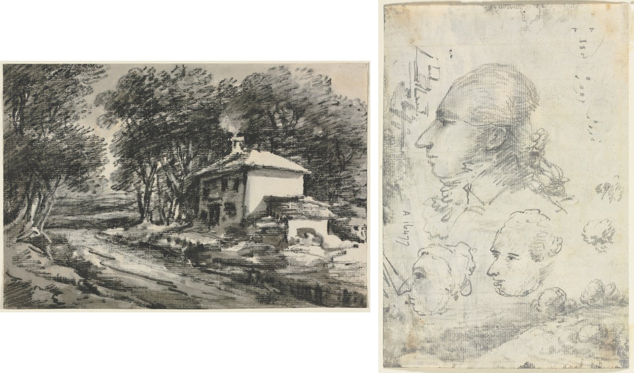 Pejzaż z domkiem (recto); Studia głów (verso) autorstwa Unknown artist