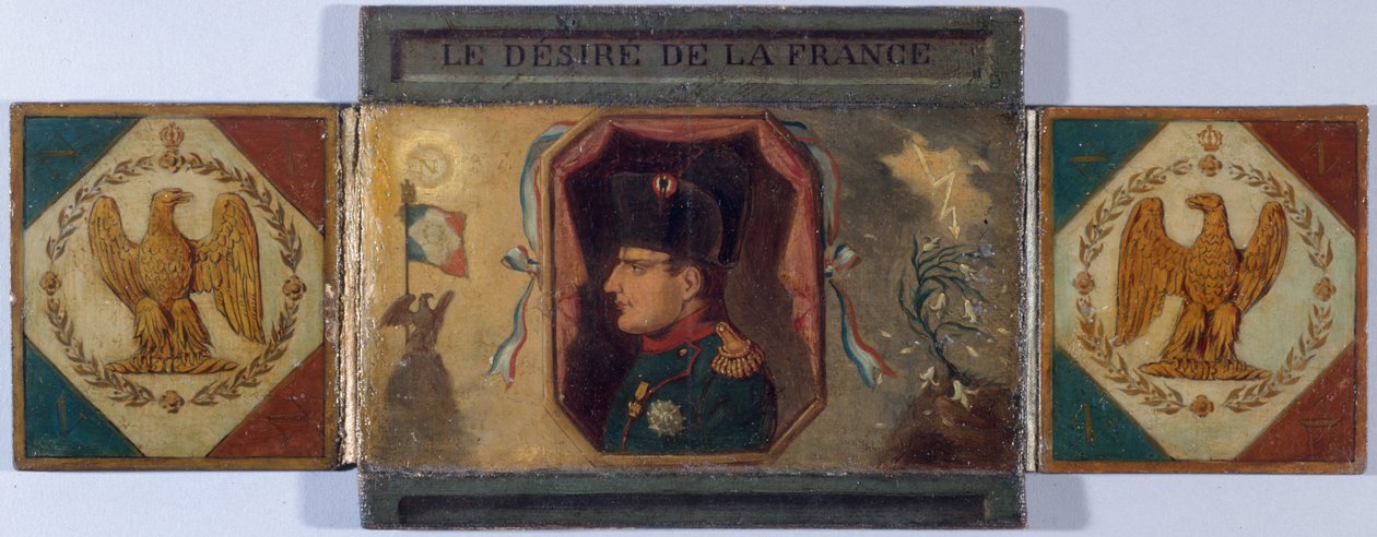 "Le Désiré de la France". Portret Ludwika XVIII i ukryty portret Napoleona, około 1815 roku (olej na płótnie, zamontowany na tekturze) autorstwa Unknown artist