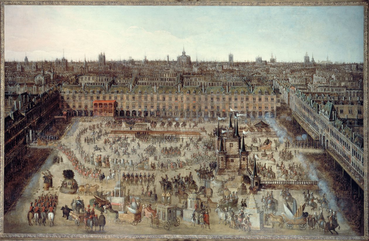 "Roman des chevaliers de la gloire", wielka karuzela zorganizowana w dniach 5-7 kwietnia 1612 r. z okazji ślubu Ludwika XIII z Anną Austriaczką, Place Royale, ok. 1612 r. (olej na płótnie) autorstwa Unknown artist
