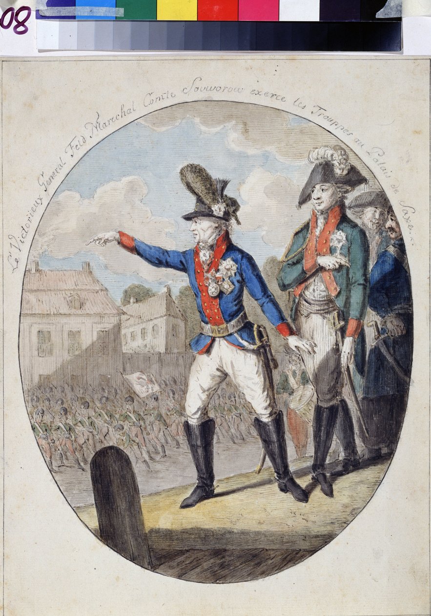 Marszałek Alexandre Alexandre Souwaroff (Souvaroff lub Souvarov lub Alexander Souvorov) (1729-1800) przeprowadzający inspekcję wojsk przed elektorem pałacu saskiego w Warszawie w 1794 podczas powstania kościuszkowskiego. (feldmarszałek Aleksandr Suworow sp autorstwa Unknown artist