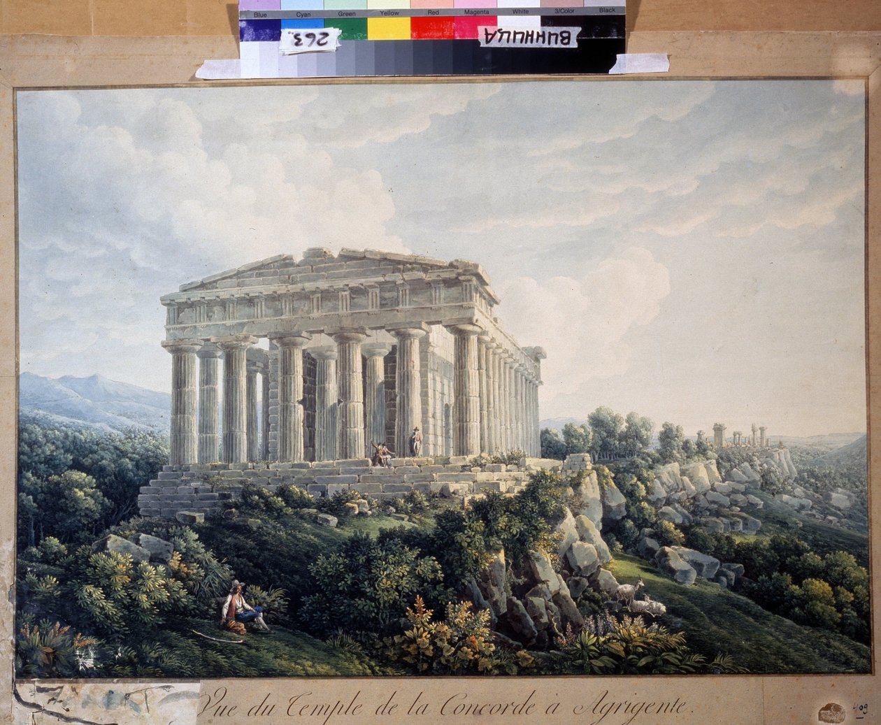 Świątynia Zgody w Agrigento (Sycylia, Włochy) (Świątynia Zgody w Agrigento). Anonimowe malowanie. Akwarela na papierze, 66,5 x 88 cm, początek XIX wieku. Krajobraz, romantyzm. Regionalne Muzeum Sztuki, Winnica (Ukraina). autorstwa Unknown artist