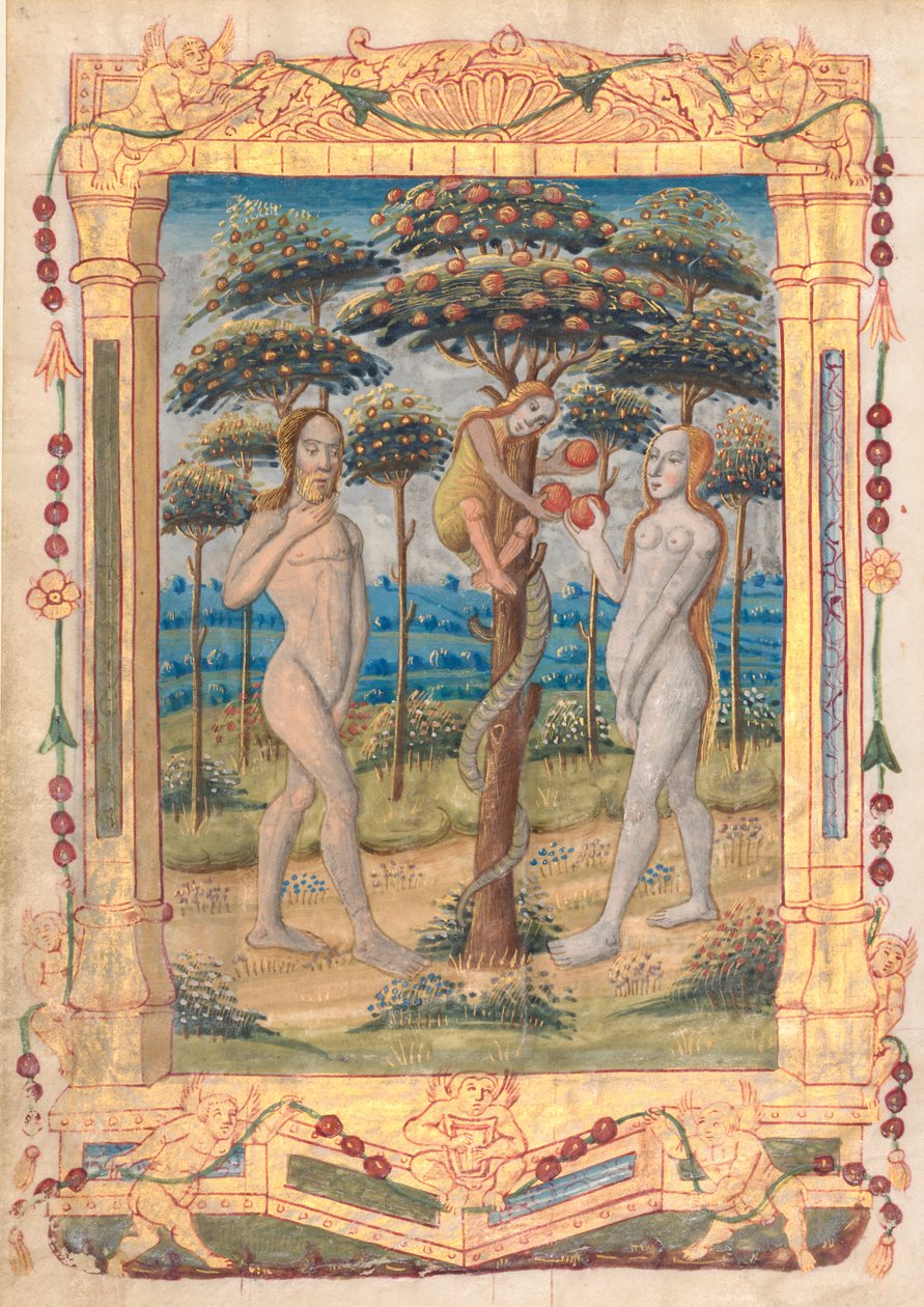 Kartka z Księgi Godzin: Adam i Ewa i upadek człowieka (Prefabrykowana miniatura do Urzędu Matki Boskiej) (recto) autorstwa Unknown artist