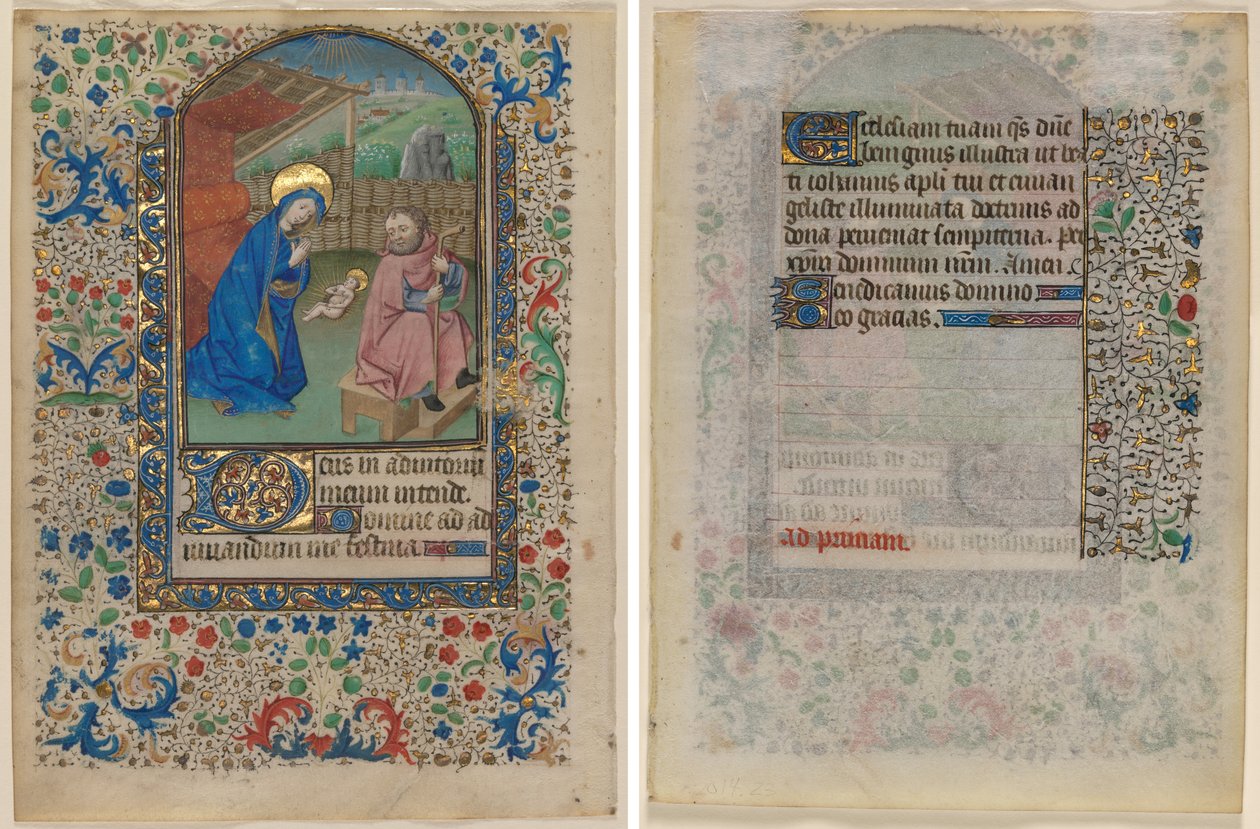 Kartka z Księgi Godzin: Narodzenia (recto) i tekstu (verso) autorstwa Unknown artist