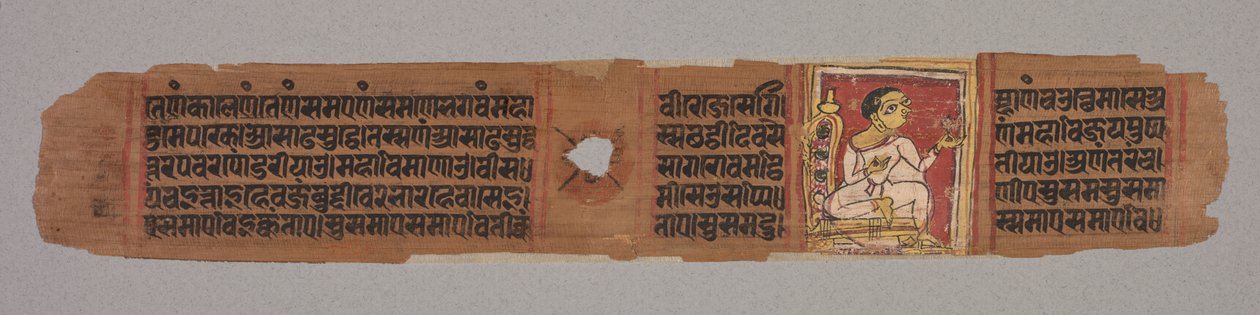 Liść z manuskryptu dżinizmu: Kalpa-sutra: Mnich trzymający kwiat (prosto); Kartka z dżinizmu: Kalpa-sutra: tekst opisujący zejście Mahaviry do łona brahmanki Devananda (verso) autorstwa Unknown artist