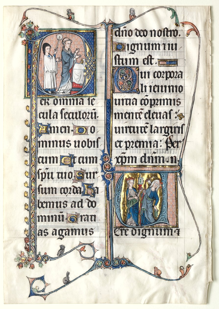Kartka z mszału z dwoma historycznymi inicjałami: inicjałem P[er omnia saecula saeculorum] (Kapłan odprawia mszę) i inicjałem V[ere dignum et iustum est] (Ecclesia i Synagoga) autorstwa Unknown artist