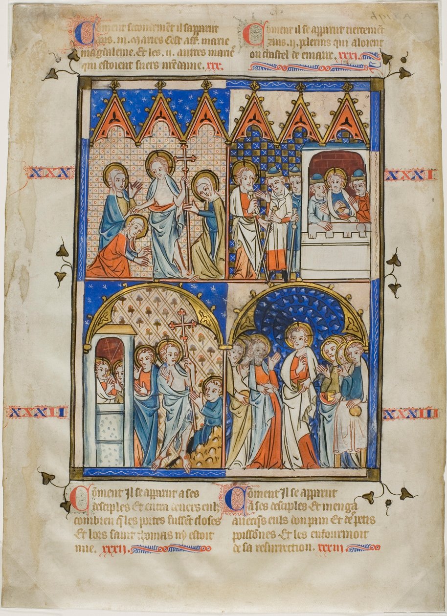 Liść z cyklu obrazów: Chrystus ukazujący się trzem Mariom, Chrystus i pielgrzymi na drodze do Emaus, wątpiący Tomasz i Chrystus ukazujący się apostołom. autorstwa Unknown artist