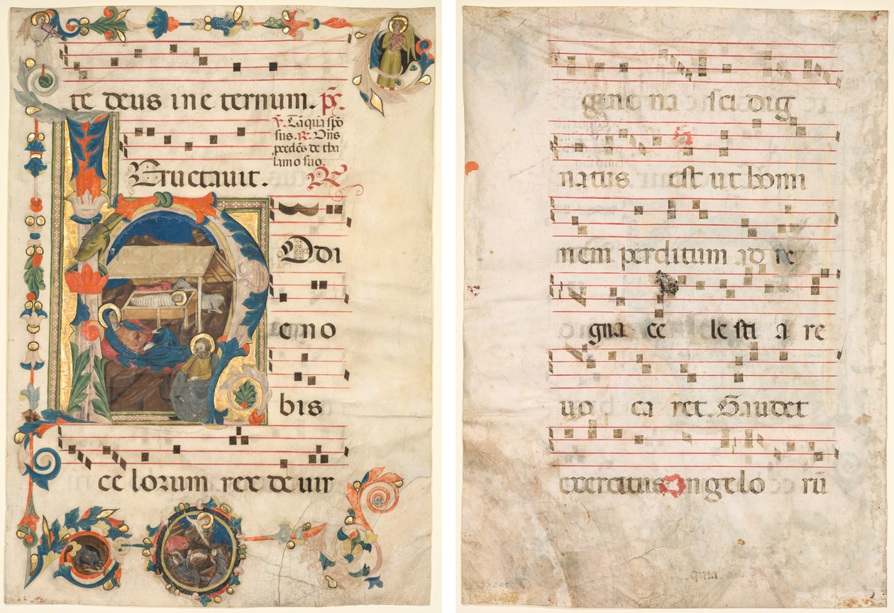 Kartka z antyfonarza z historycznym inicjałem (H) z szopką (recto) i muzyką (verso) autorstwa Unknown artist