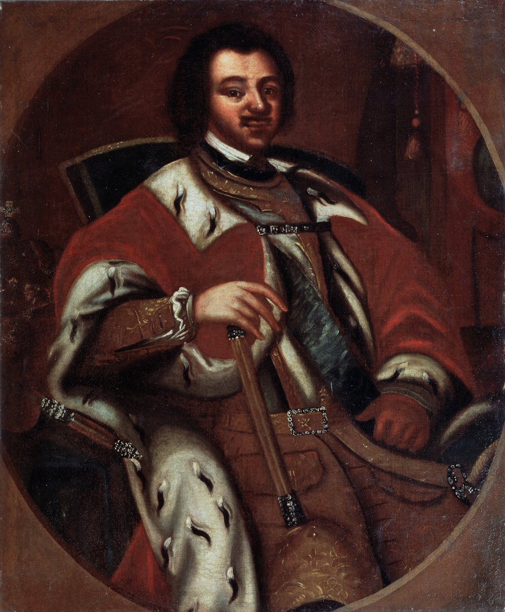 Cesarz rosyjski Piotr I (Wielki) (1672-1725) na tronie (na tronie cesarz Piotr I). Anonimowe malowanie. Olej na płótnie, początek XVIII wieku. Państwowe Muzeum Sztuki w Jarosławiu (Rosja). autorstwa Unknown artist