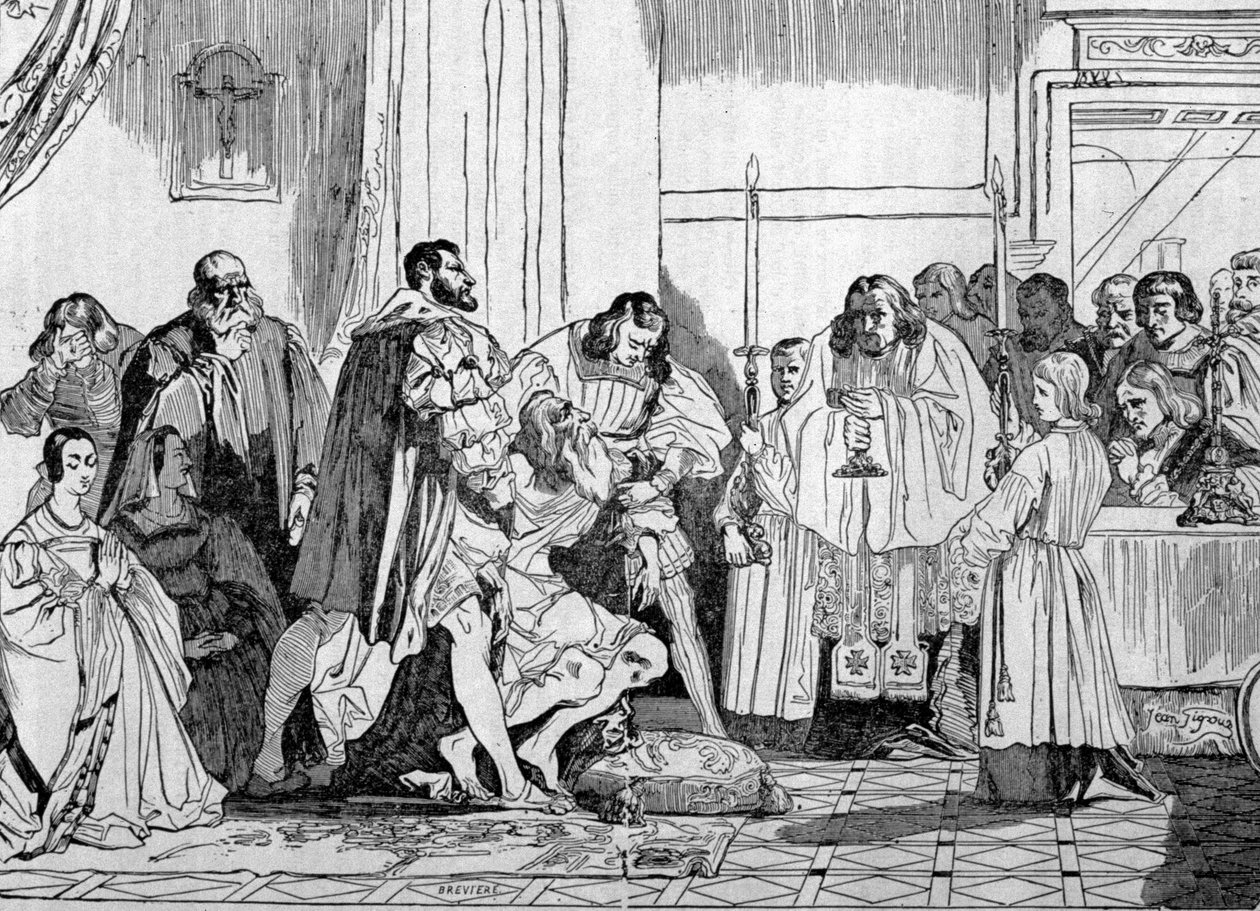 Leonardo da Vinci (Leonard de Vinci) umiera w ramionach Franciszka I (1494-1547) w 1519 roku w Clos Luce. rytownictwo. autorstwa Unknown artist