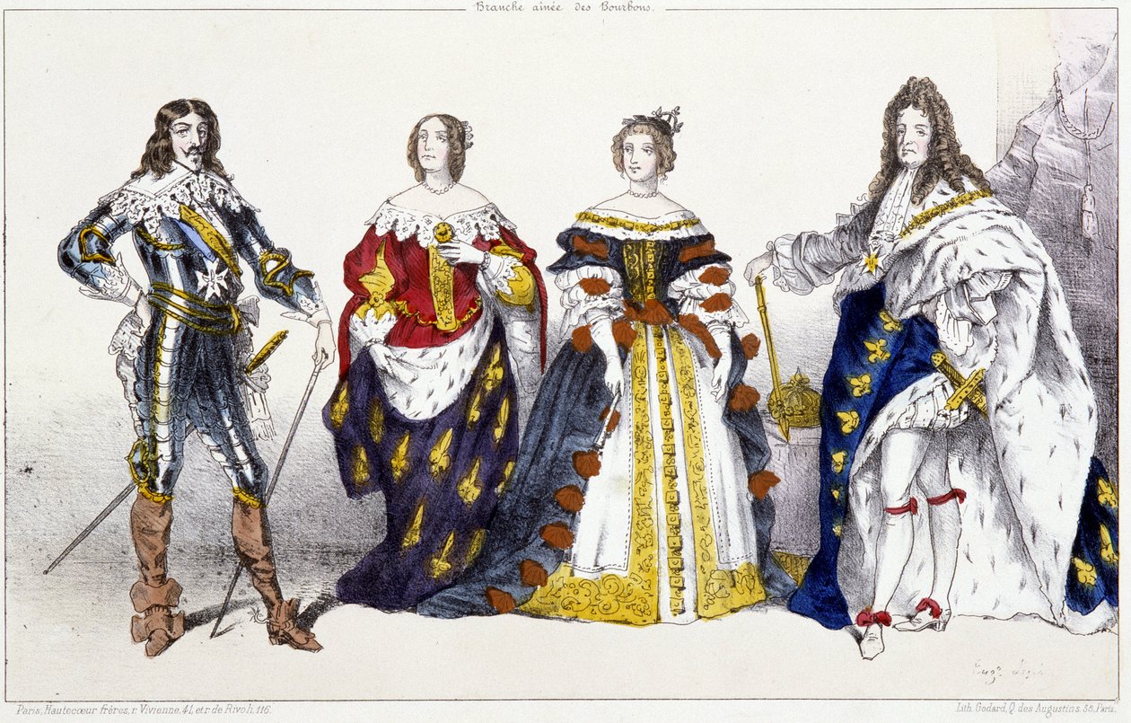 Les Bourbons: Ludwik XIII (1601-1643) i Anna Austriaczka (1601-1666), Maria Teresa Austrii (lub Hiszpanii) (1638-1683) i Ludwik XIV (1638-1715) - Talerz wydobyty z królów i królowych Francji w drukach, Paryż, wyd. Szybki autorstwa Unknown artist