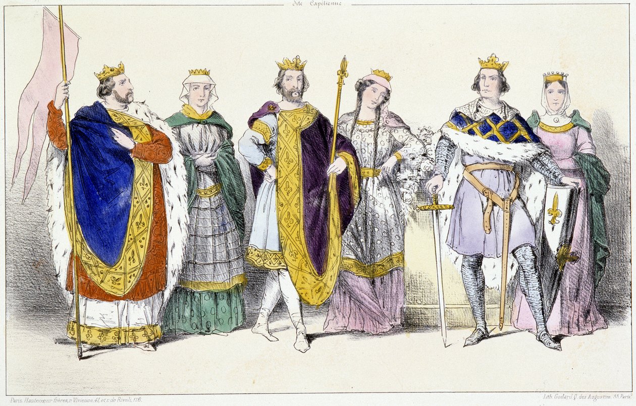 Kapetyjczycy: Ludwik VI Le Gros (1081-1137) i Adelajda Sabaudii (ok. 1100-1154), Ludwik VII Le Jeune (1120-1180) i Adele Szampanii (lub Blois) (ok. 1140-1206), Filip II dit Philippe Auguste (1165-1223) i Isabelle de Hainaut (1170-1190) - Talerz fr autorstwa Unknown artist