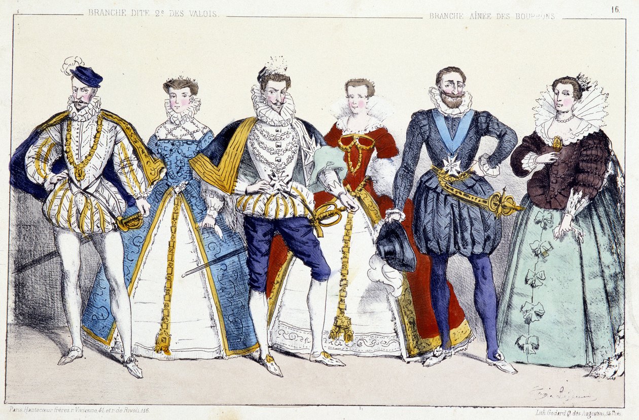 Les Valois et les Bourbons: Karol IX (1550-1574) i Elżbieta Austriacka (1554-1592), Henryk III (1551-1589) i Louise de Lorraine Vaudemont (1553-1601), Henryk IV (1553-1610) i Marie de Medicis (1575-1642) - Plage wydobyta z Kings and Queens of Fr autorstwa Unknown artist