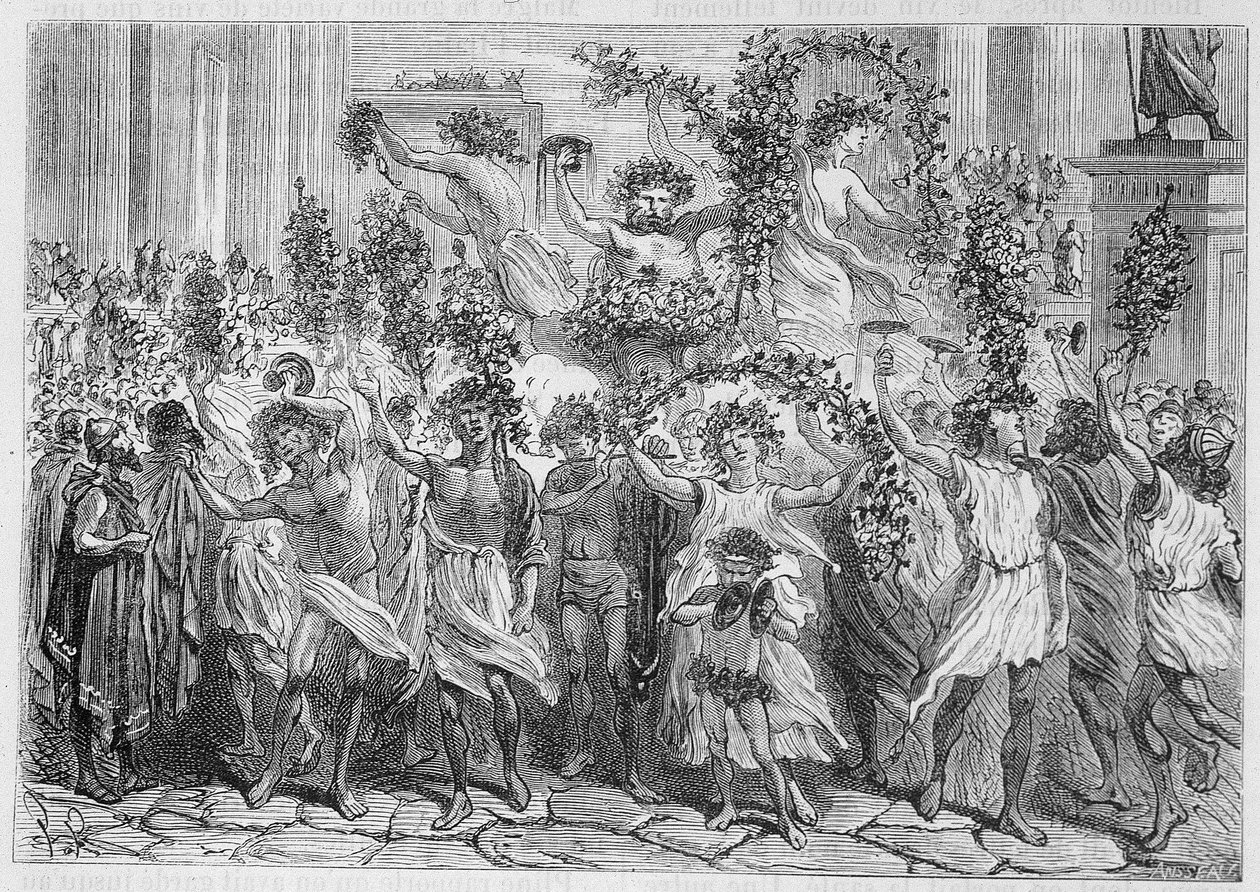 Święta Bachusa (Bacco) w Atenach (starożytna Grecja) - w „Cuda przemysłu” Louisa Figuiera, Paryż autorstwa Unknown artist
