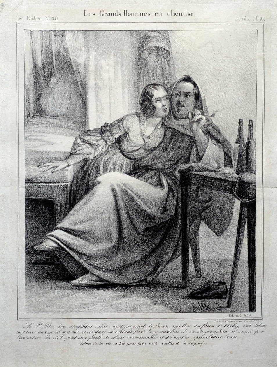 Les grands hommes en chemise Reprezentacja pisarza Honore de Balzac (1799-1850) otulającego młodą kobietę podczas palenia papierosa. Ilustracja E. Alleta (XIX wiek) Paryż, Maison Balzac autorstwa Unknown artist