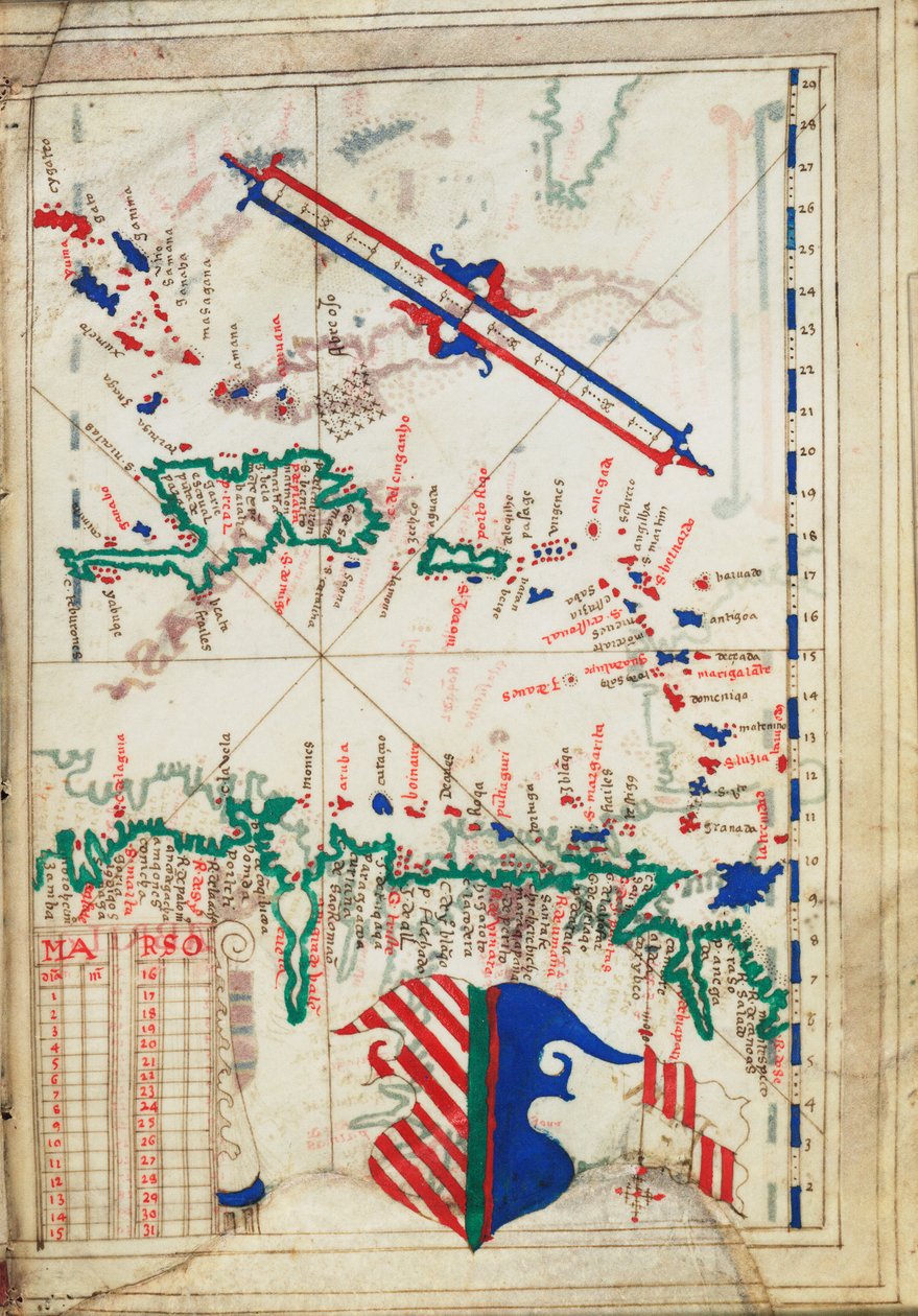 Małe Antyle i Morze Karaibskie, ok. 1550-60 (pergamin) autorstwa Unknown artist