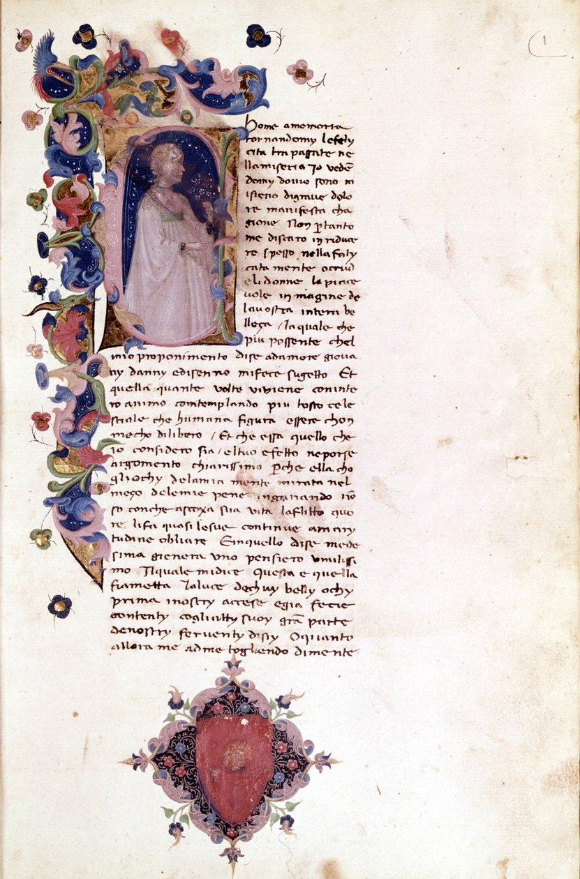 Litera „” a”” na miniaturowej stronie incipitu „”Teseide””. Giovanni Boccacio (Boccacio) (1313 - 1375). Rękopis z XV wieku. Trivulziana Mediolan. autorstwa Unknown artist