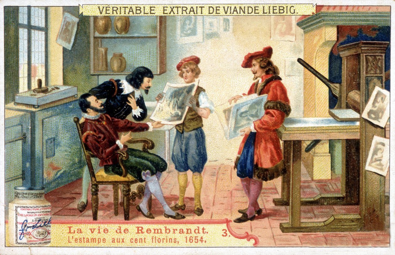 Chromolitografia Liebiga na temat życia Rembrandta (1606-1669) holenderskiego malarza. To jest odcisk 100 guldenów z 1654 roku. autorstwa Unknown artist