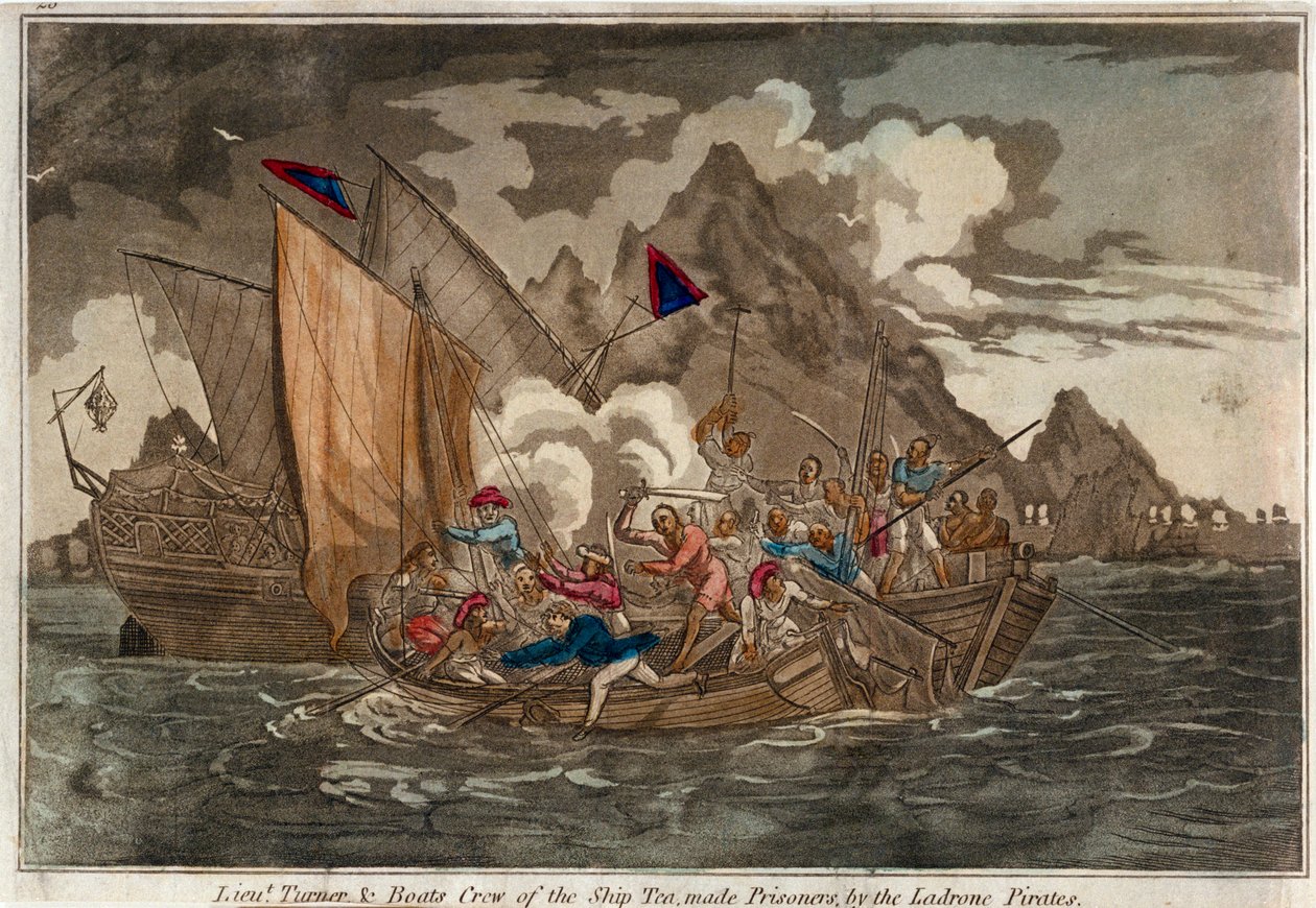 Porucznik Turner i załoga statku "Tea", uwięzieni przez piratów z Ladrone, ok. 1800 r. (kolorowa akwatinta) autorstwa Unknown artist