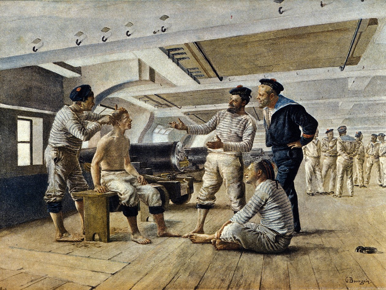 Życie na pokładzie francuskiego okrętu wojennego: fryzjer okrętowy goli marynarzy, ok. 1800 autorstwa Unknown artist