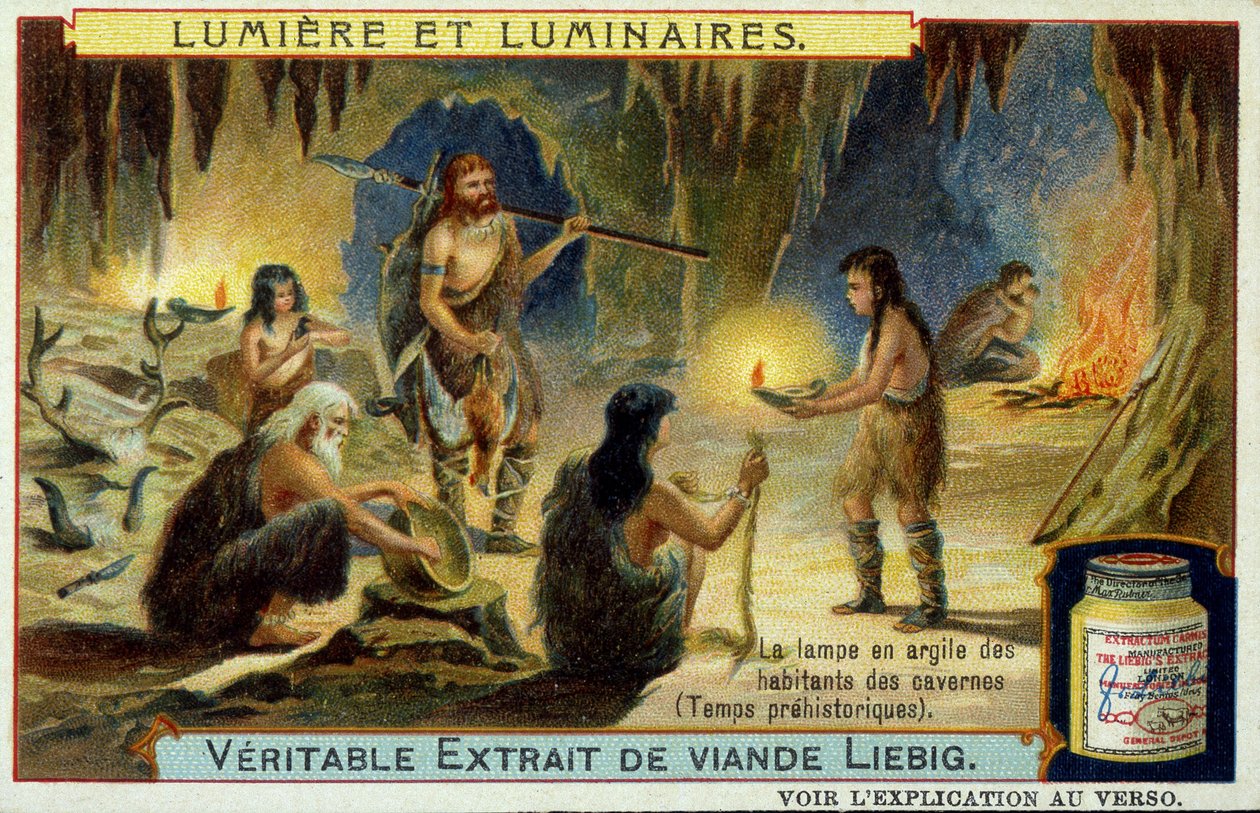 Oprawy oświetleniowe i oświetleniowe: gliniana lampa mieszkańców jaskini w czasach prehistorycznych. Ilustracja na ambalegach Liebiga. autorstwa Unknown artist