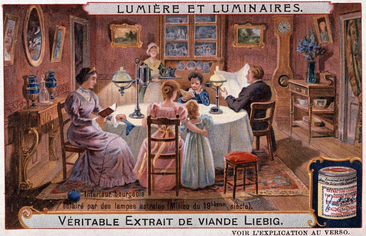 Światła i oprawy, mieszczańskie wnętrze oświetlone lampami astralnymi - chromo. Liebig v. 1895 autorstwa Unknown artist
