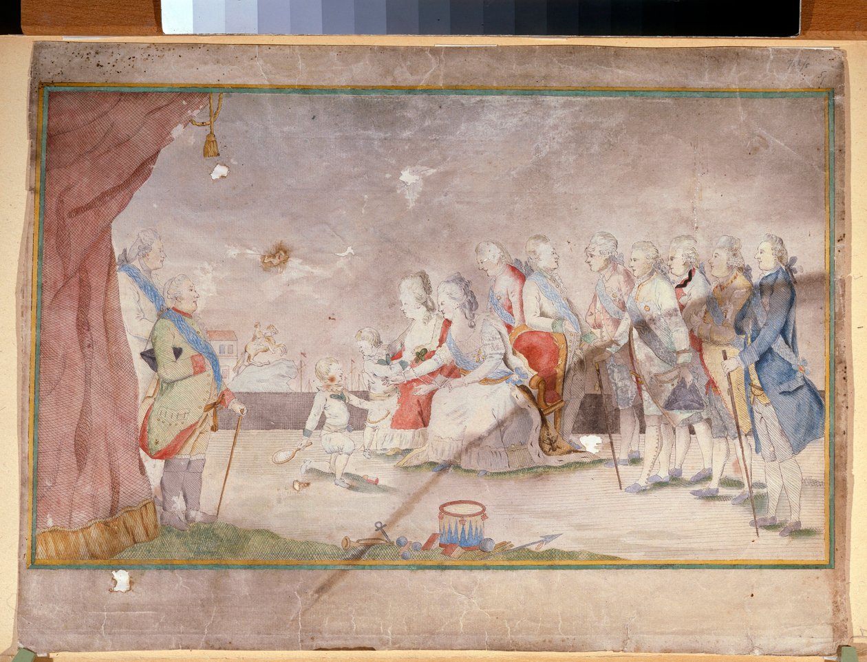Cesarzowa Katarzyna II z rodziną i dworzanami (Cesarzowa Katarzyna II z rodziną i dworzanami) - Anonimowa praca, akwarela i tusz na papierze, koniec 1780 r. autorstwa Unknown artist