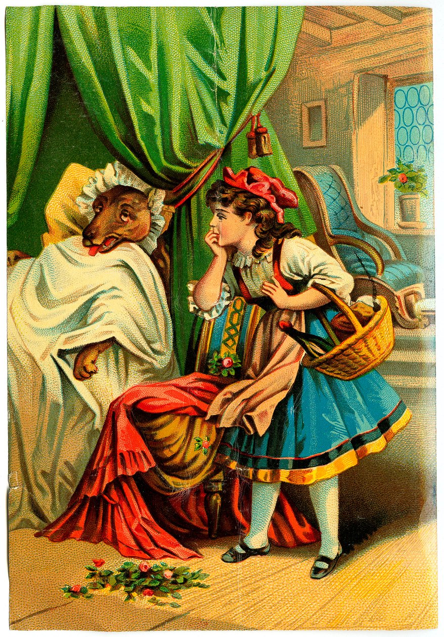 Czerwony Kapturek odkrywa wilka w łóżku swojej babci (Chromolitografia, koniec XIX wieku) autorstwa Unknown artist