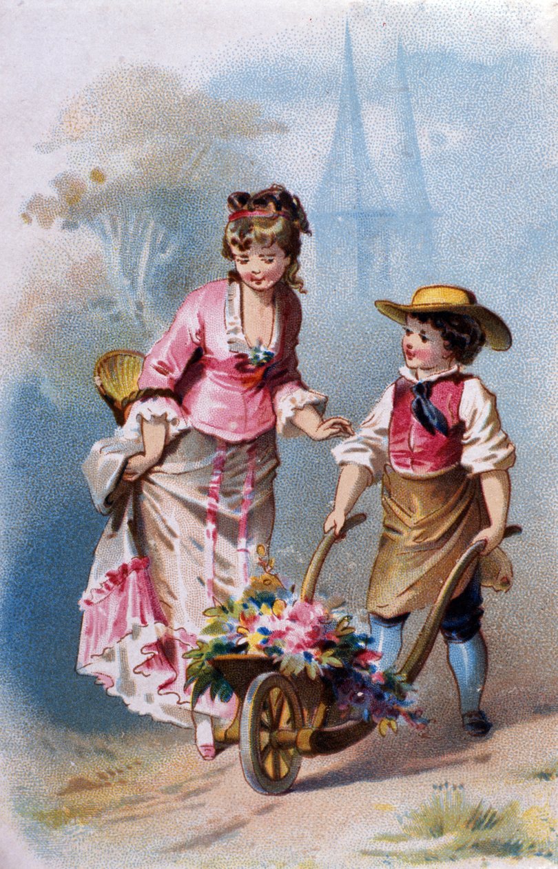 Mały ogrodnik: młody chłopak z taczką pełną kwiatów rozmawia z młodą kobietą w drodze do wioski. chromolitografia 1880. autorstwa Unknown artist